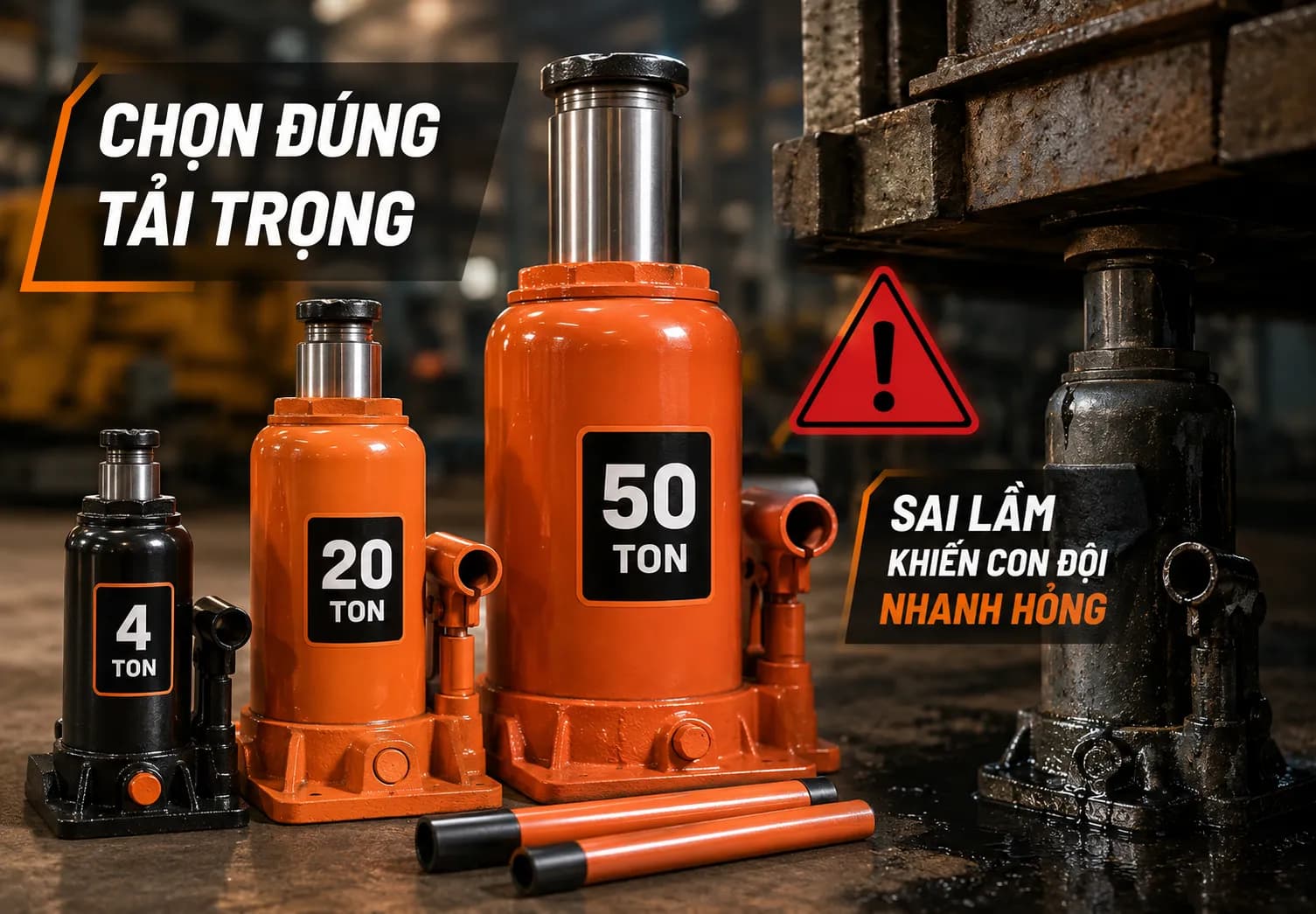 Con Đội Thủy Lực: Cách Chọn Đúng Tải Trọng (4–50 Tấn) Và Những Sai Lầm Khiến Con Đội Nhanh Hỏng