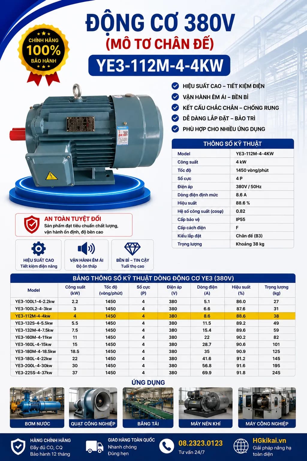 Động cơ 380V (mô tơ chân đế) YE3-112M-4-4kw