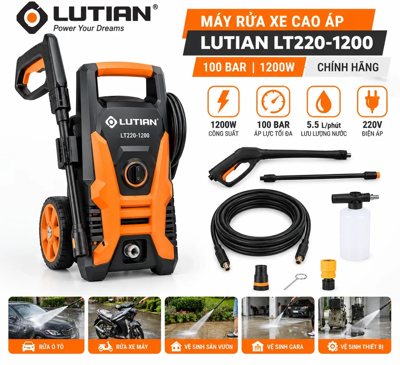 Máy Rửa Xe Lutian LT220-1200 100 Bar Chính Hãng