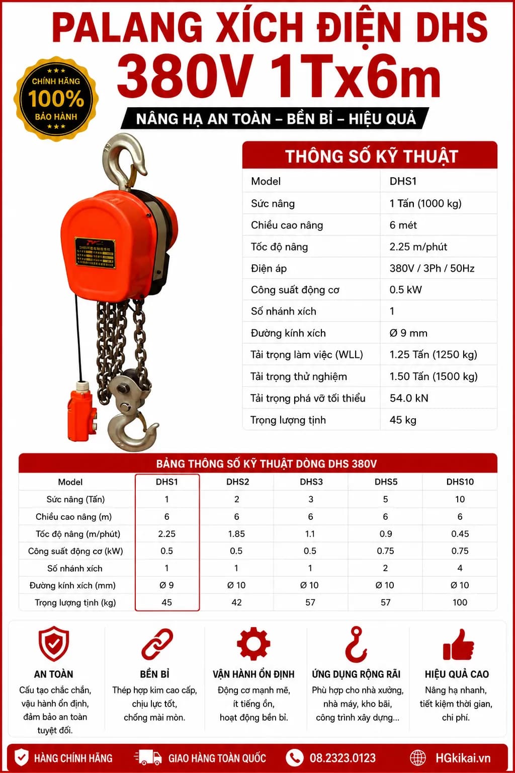 Palang xích điện DHS 380V 1Tx6m