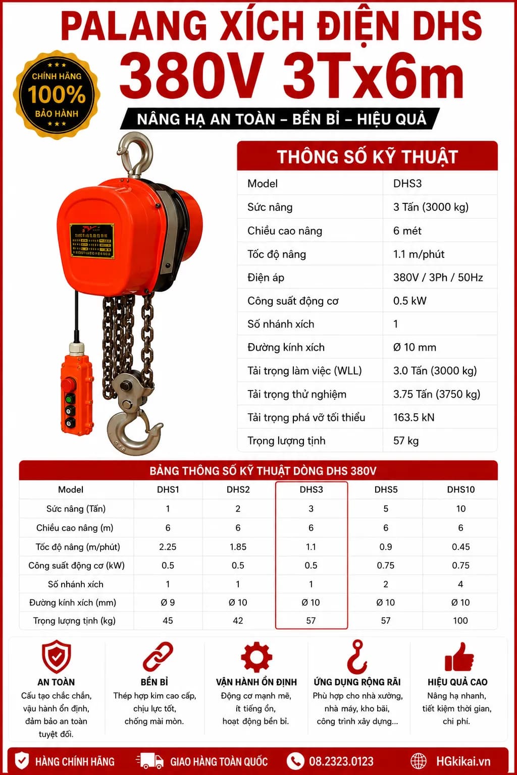 Palang xích điện DHS 380V 3Tx6m