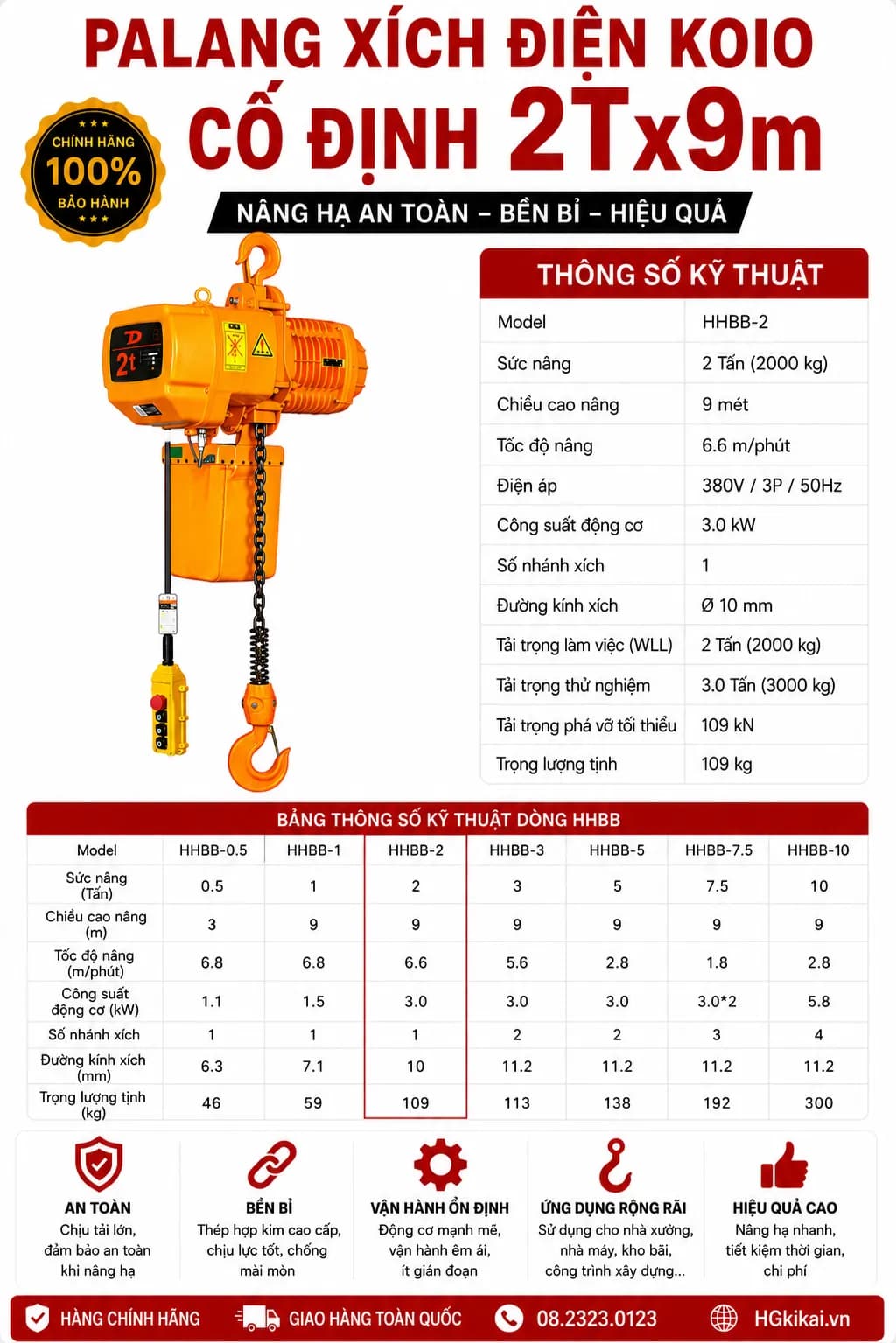 Palang xích điện KOIO cố định 2Tx9m