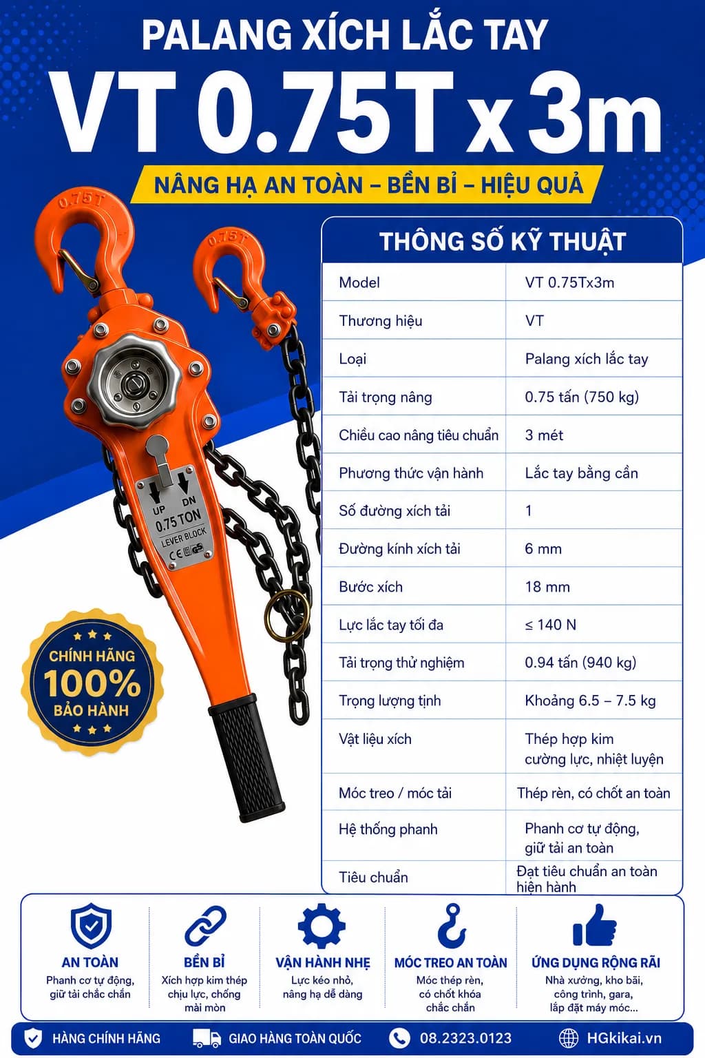 Palang xích lắc tay VT 0.75Tx3m