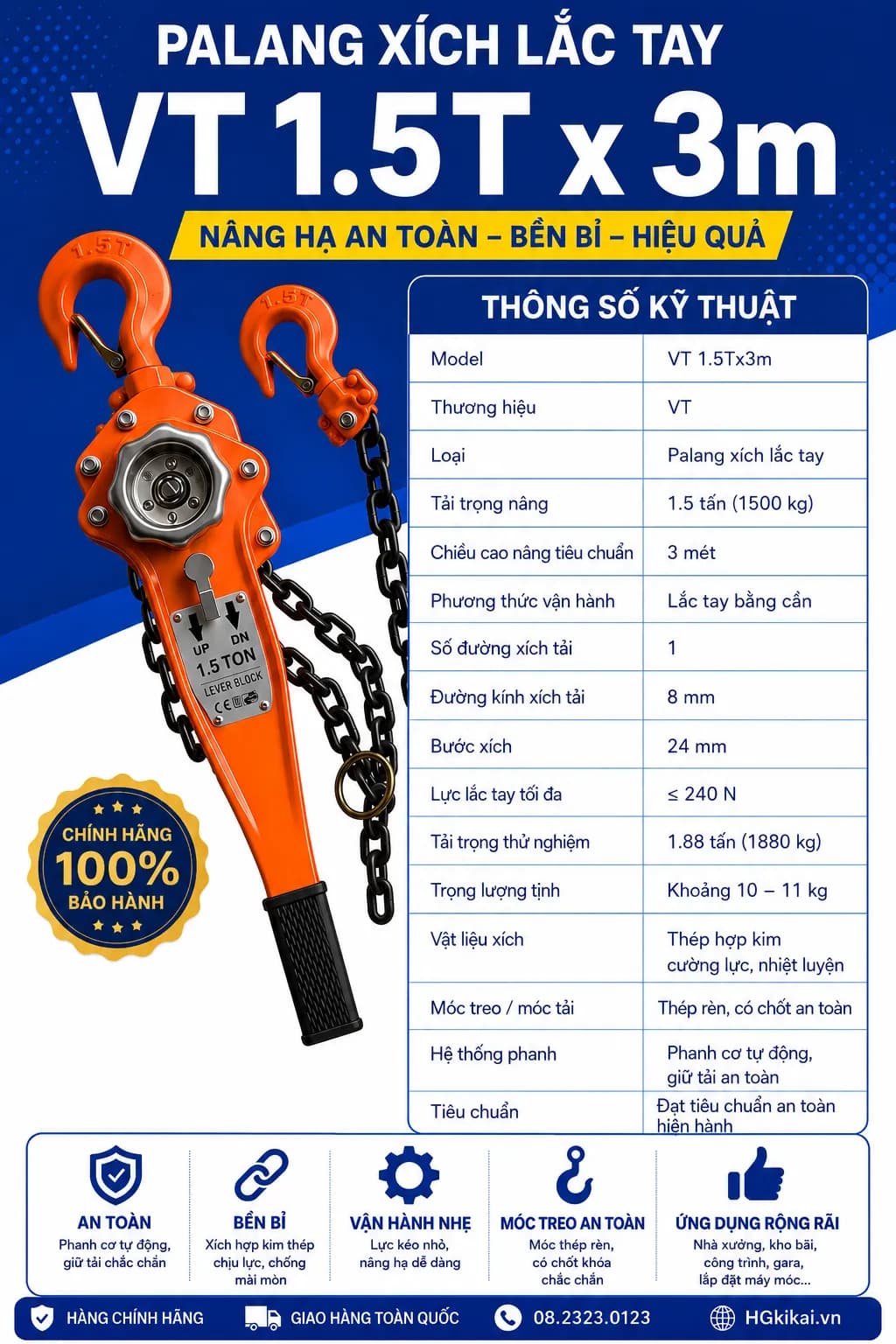 Palang xích lắc tay VT 1.5Tx3m