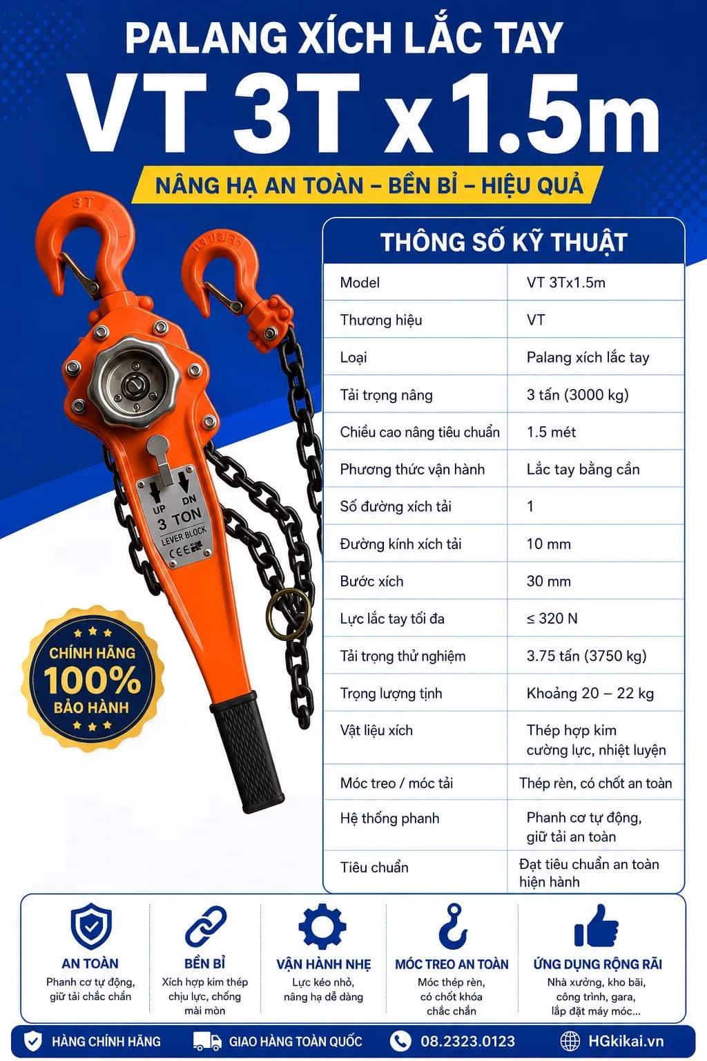 Palang xích lắc tay VT 3Tx1.5m