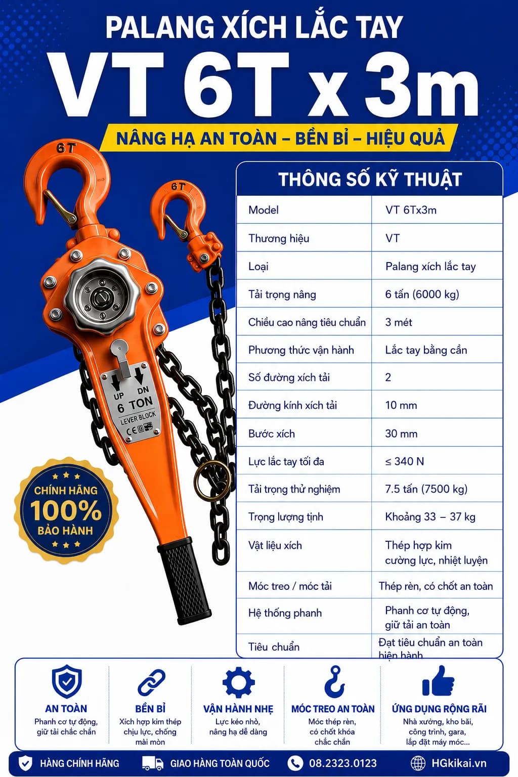 Palang xích lắc tay VT 6Tx3m
