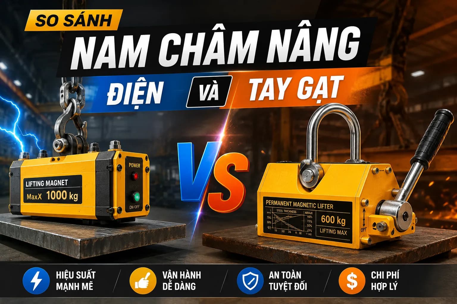 So Sánh Nam Châm Nâng Điện Và Nam Châm Nâng Tay Gạt