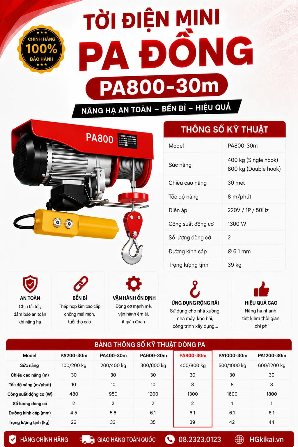 Tời điện mini PA đồng PA800-30m