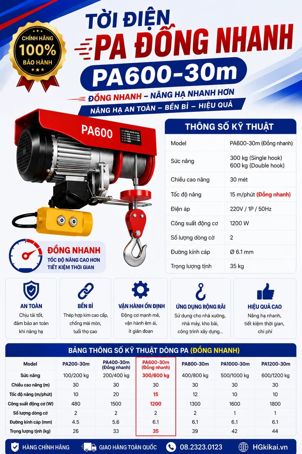 Tời điện PA đồng nhanh PA600-30m