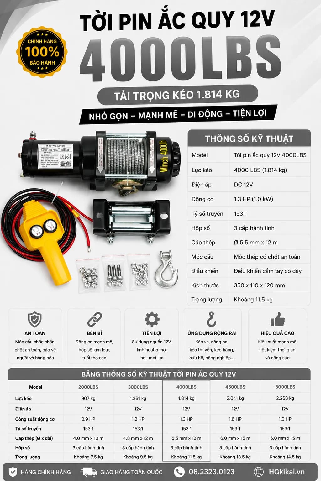 Tời Pin ắc quy 12V 4000LBS