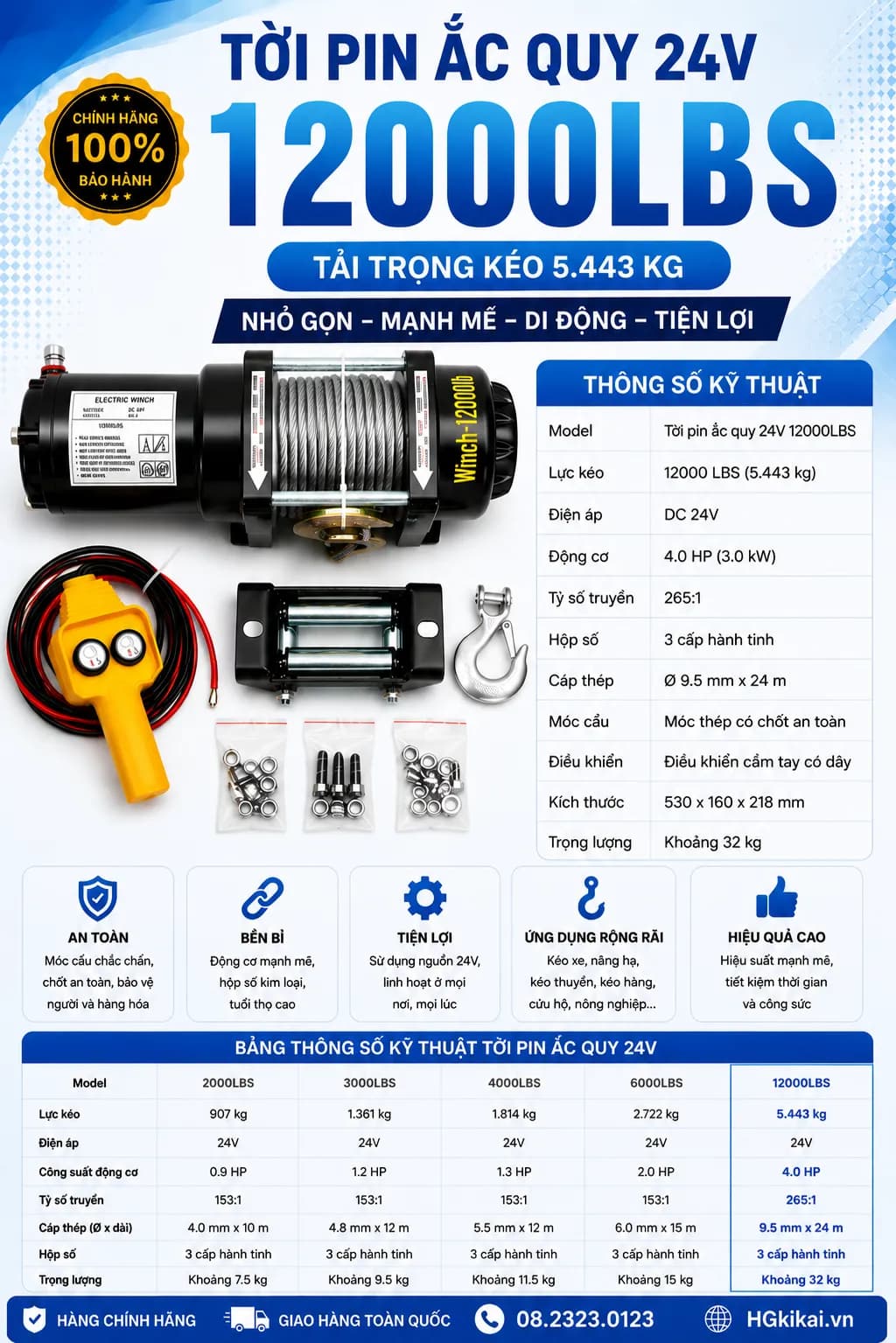 Tời Pin ắc quy 24V 12000LBS