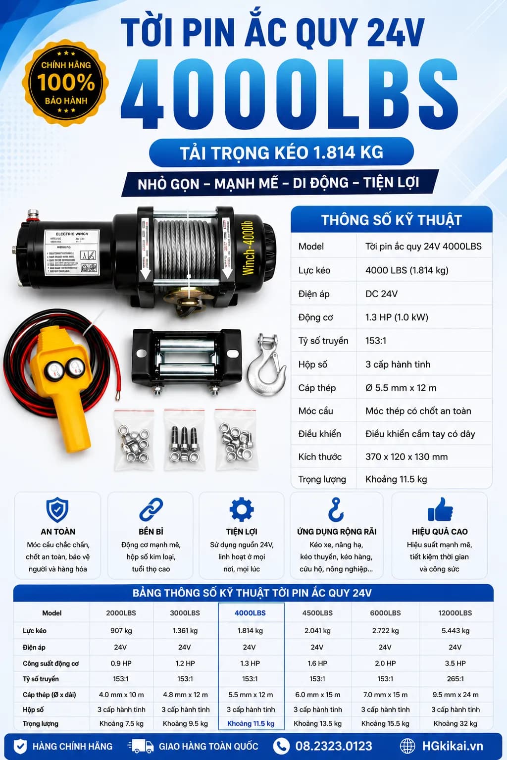 Tời Pin ắc quy 24V 4000LBS
