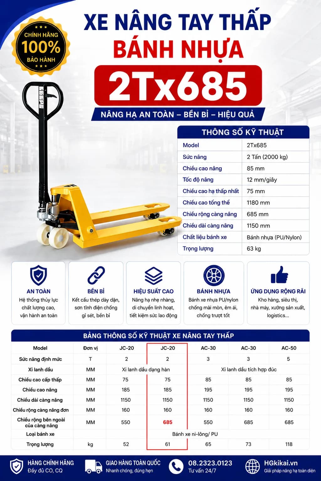 Xe nâng tay thấp bánh nhựa 2Tx685