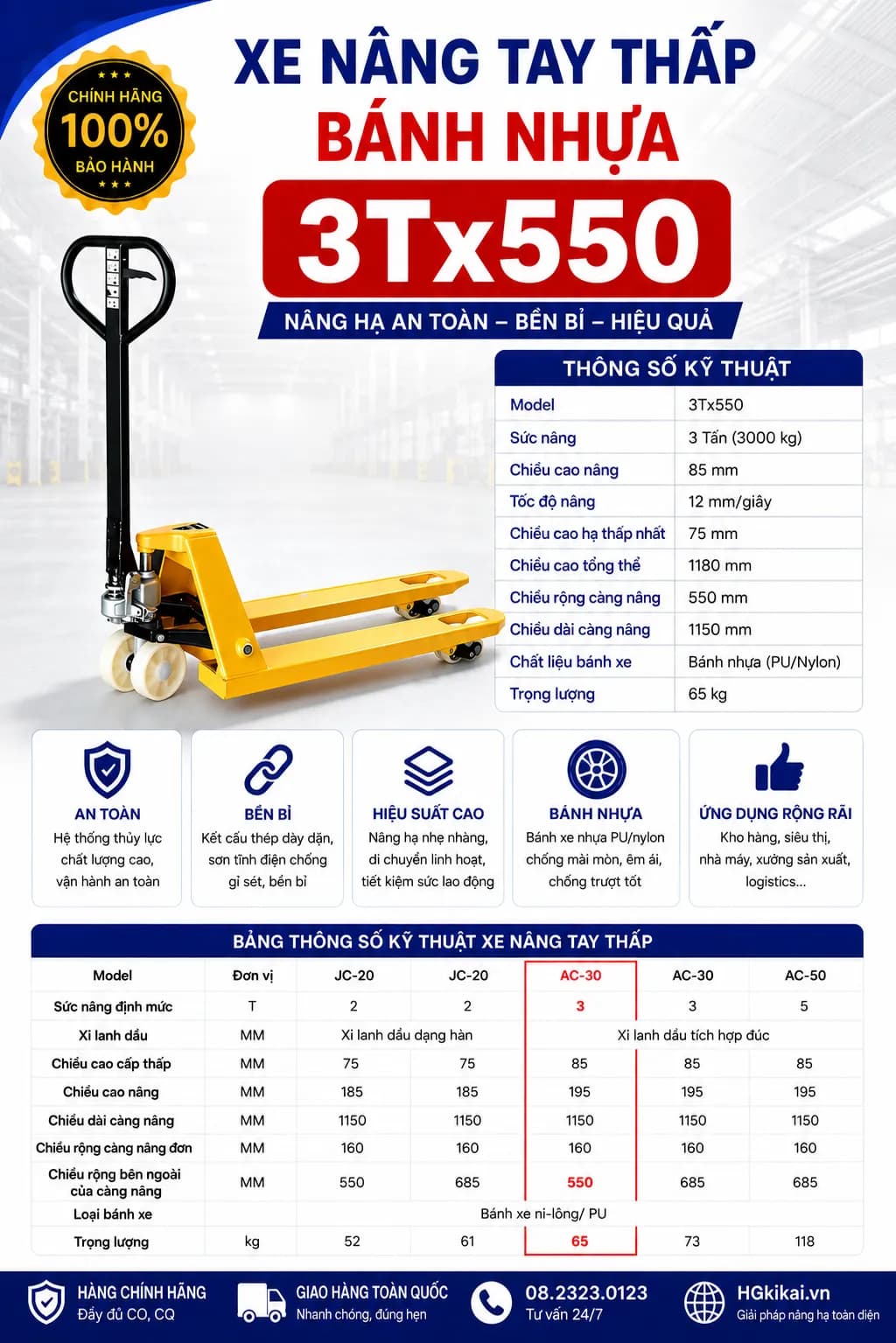 Xe nâng tay thấp bánh nhựa 3Tx550