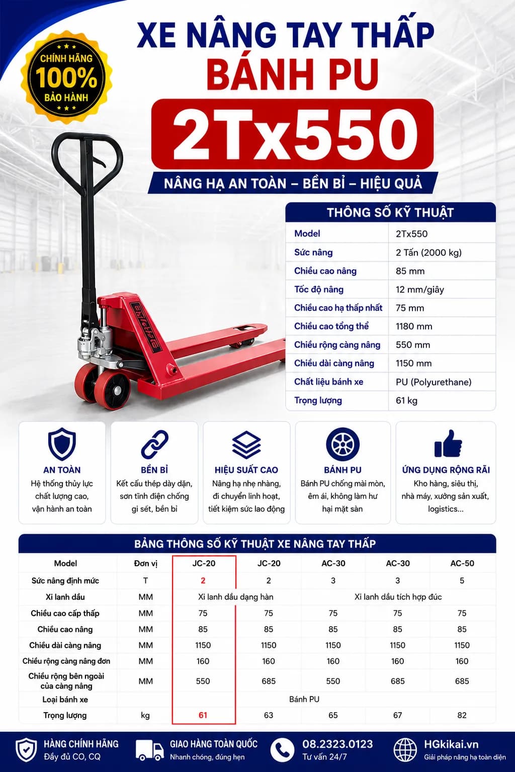 Xe nâng tay thấp bánh PU 2Tx550