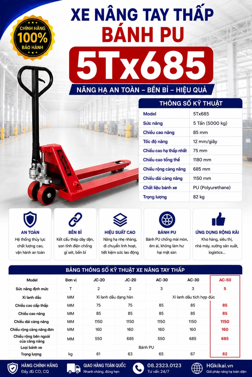 Xe nâng tay thấp bánh PU 5Tx685