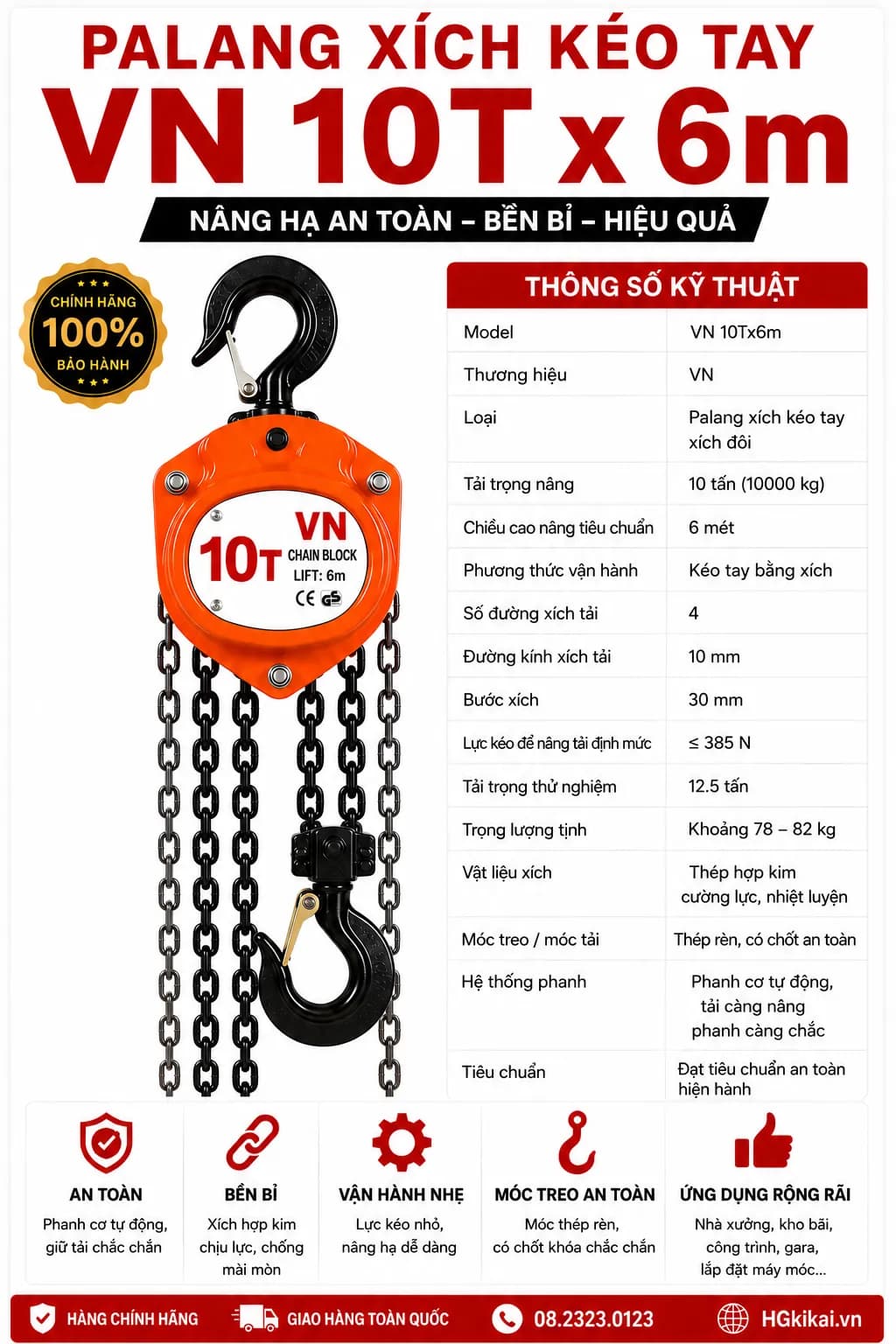 Palang xích kéo tay VN 10Tx6m xích đôi