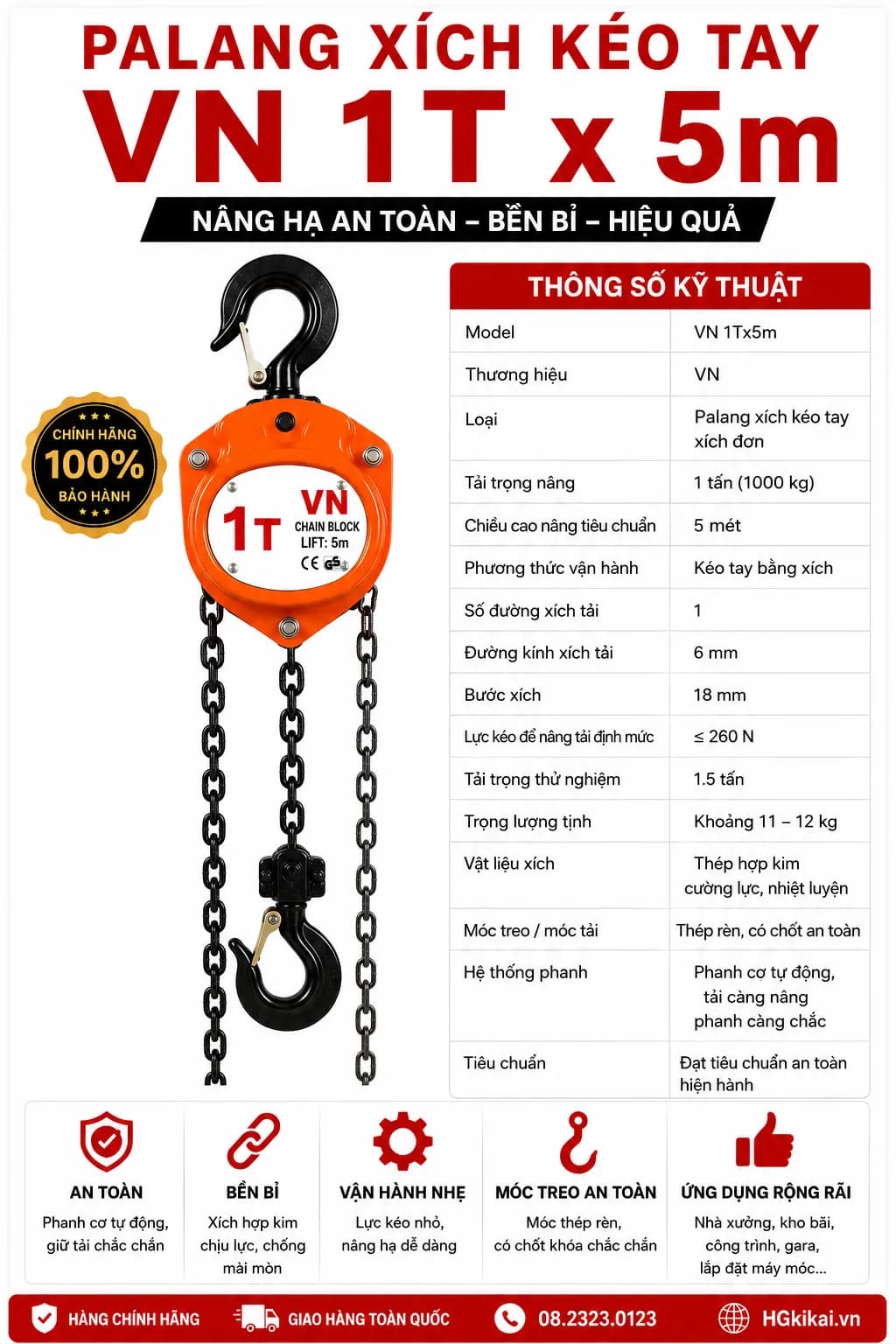 Palang xích kéo tay VN 1Tx5m xích đơn