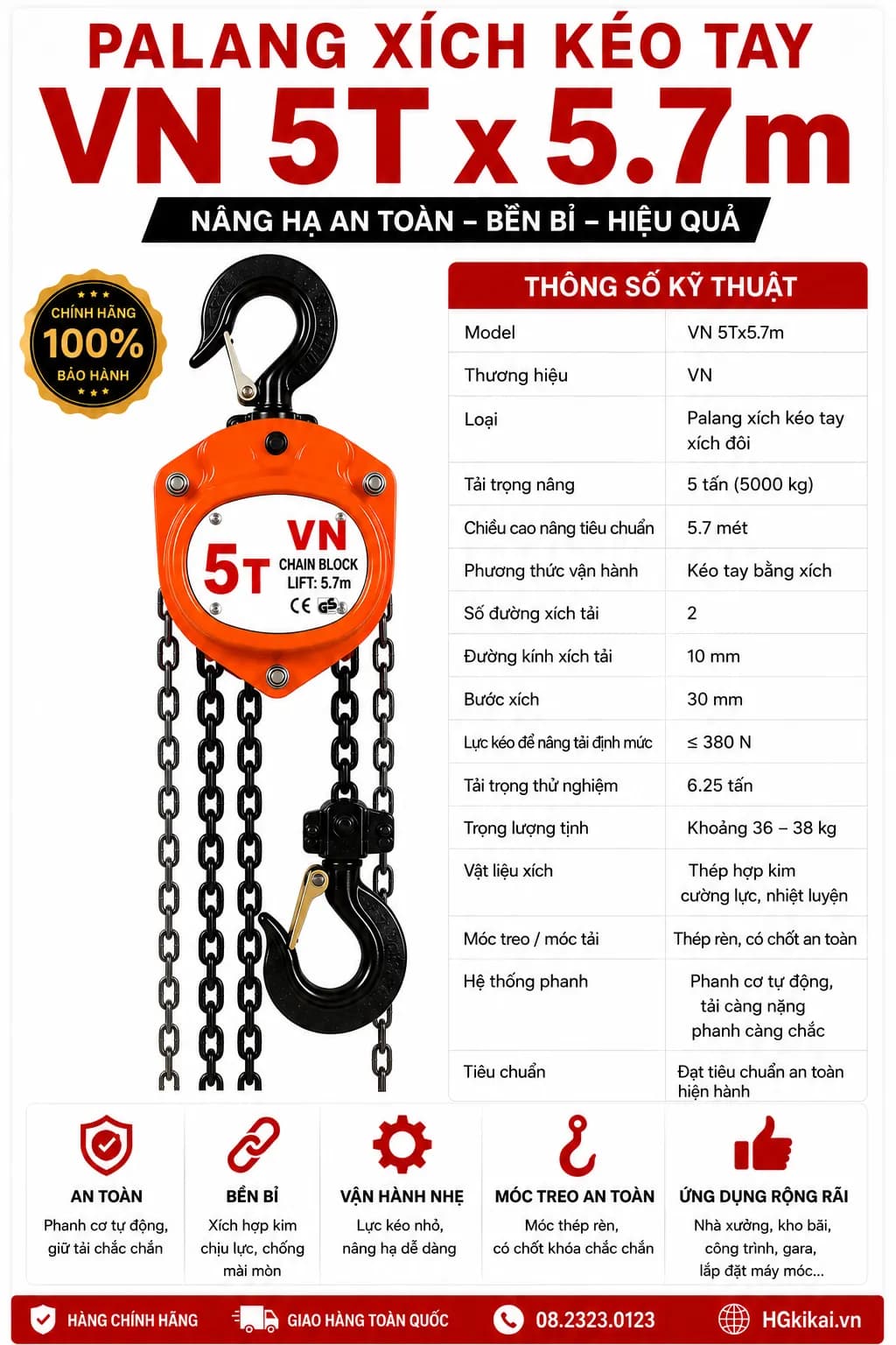 Palang xích kéo tay VN 5Tx5.7m xích đôi